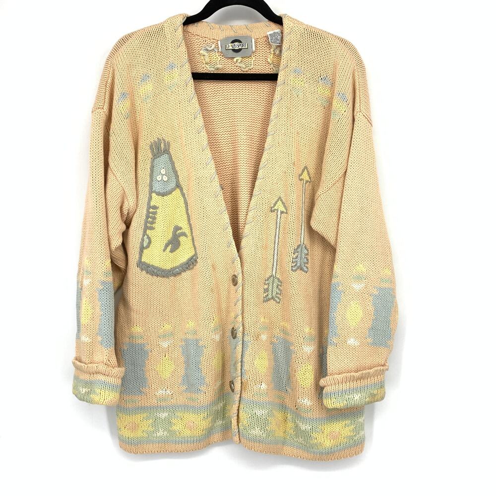 Vintage Chaus Sport V-Neck Cardigan Sweater Womens Sz M Peach Teepee Arrow Print